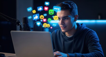 Young man engaging with social media reactions on laptop while streaming or creating content, colorful emojis and icons representing online communication, feedback, and digital interaction