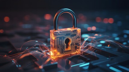 Digital padlock glowing with vibrant orange light on a futuristic circuit board representing cybersecurity and data protection