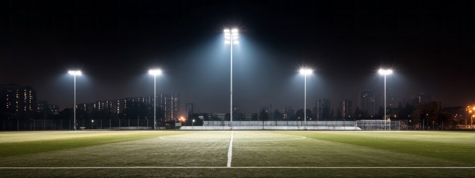 Under the glow of floodlights, an empty soccer field waits for players, surrounded by city buildings, showcasing a peaceful night scene filled with anticipation