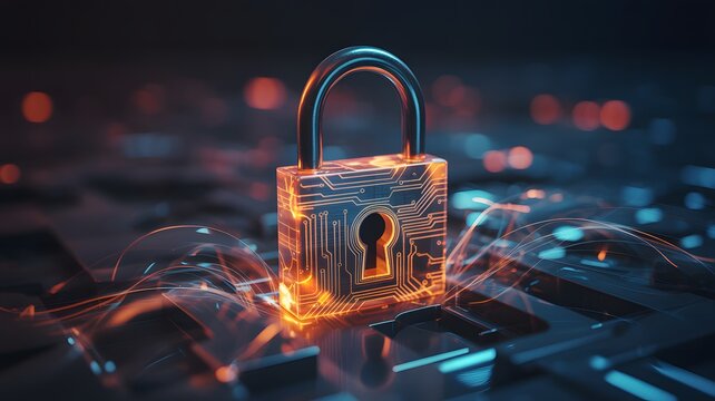 Digital padlock glowing with vibrant orange light on a futuristic circuit board representing cybersecurity and data protection