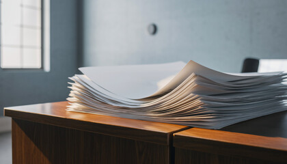 Stack of papers on a wooden desk in an office.