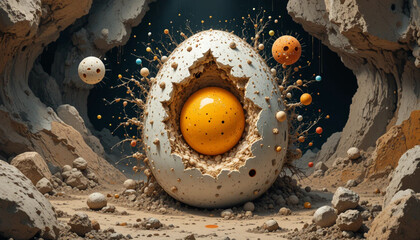 Cracked Egg Reveals Yellow Sphere in Unusual Landscape Concept Art
