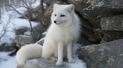 Naklejka premium In a serene winter scene, a beautiful arctic fox sits elegantly on a rocky surface, showcasing its soft, white fur. Surrounding snow enhances the tranquility of the moment