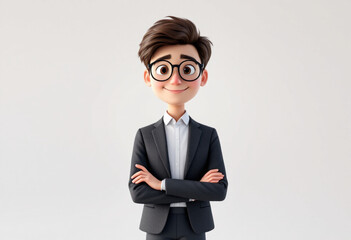 Cartoon Businessman with Glasses Smiling and Arms Crossed for Success