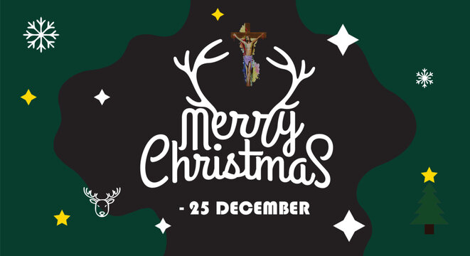Merry Christmas holiday season greeting card with jesus cross and antler decoration vector