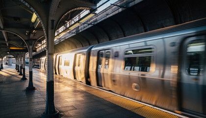 Subway Train Arriving at Station Platform in New York City.