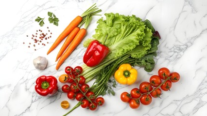 Fresh colorful vegetables including carrots, lettuce, bell peppers, cherry tomatoes, garlic, and herbs arranged on a white marble background for healthy cooking and clean eating concepts