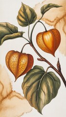 Botanical illustration featuring two physalis lanterns and green leaves on a branch artwork