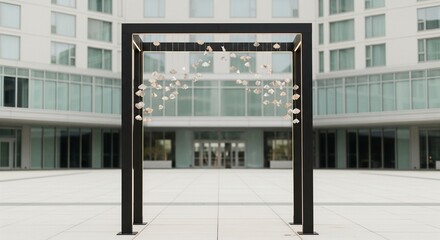 Elegant Eye-Level Shot: Ultra-Thin Black Matte Wedding Arch with Subtle Warm White LED Glow and Polished Silver Leaf Accents, Standing on a Light Stone Plaza. 