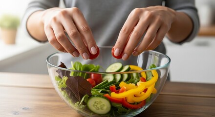 Hands Preparing Fresh, Vibrant Salad for Healthy Eating