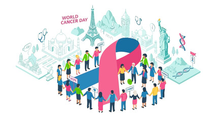 Global community unites in solidarity for World Cancer Day, forming a supportive circle around the iconic awareness ribbon amidst famous international landmarks
