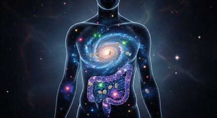 Surreal human silhouette with cosmic gut microbiome and medicine