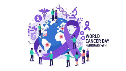 World Cancer Day awareness illustration with Earth, ribbon, people