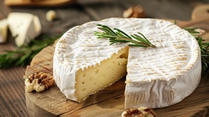 Round soft cheese wheel with cut wedge, surrounded by rosemary and walnuts