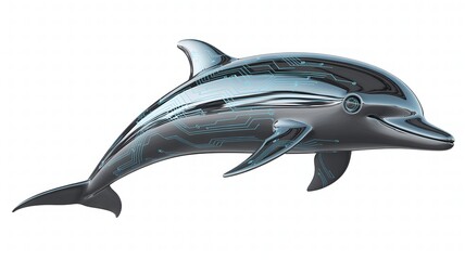 Sleek metallic dolphin with glowing blue circuit board patterns on white background