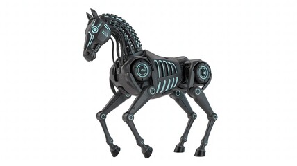 Fototapeta premium Futuristic Robotic Horse with Glowing Blue Accents on White Background