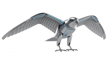 Fototapeta premium Futuristic Robotic Falcon with Glowing Blue Accents on White Background