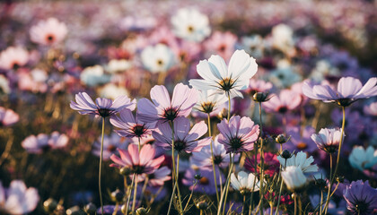 Vibrant Cosmos Flowers Blooming in a Field of Color.