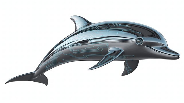 Sleek metallic dolphin with glowing blue circuit board patterns on white background