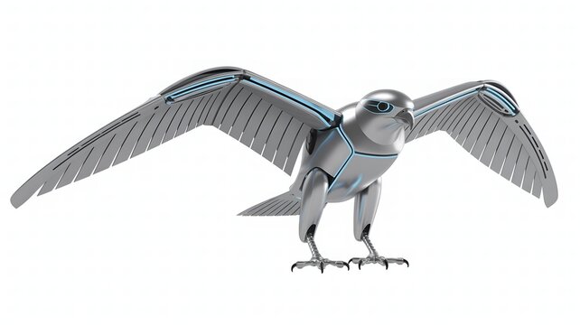 Futuristic Robotic Falcon with Glowing Blue Accents on White Background