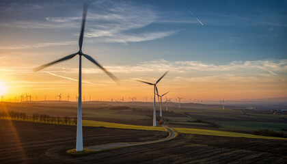 Wind Turbines at Sunset in a Rural Landscape.