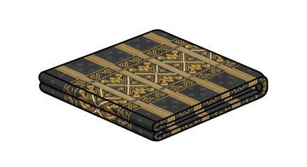 Folded Textile with Intricate Golden Pattern and Striped Design.