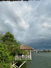 House on the lake with rainbow