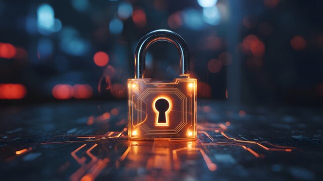 Glowing digital padlock with circuit board elements and bokeh lights representing cybersecurity and data protection