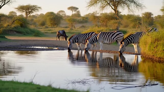 Zebras drinking water at sunset savanna wildlife photo serene scene photo