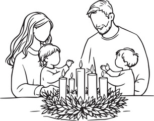 
Black and white vector illustration of family around Advent wreath with five lit candles and foliage