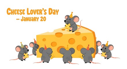Celebration of cheese lovers day with cute mice around a cheese wedge