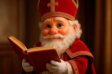 3d cute sinterklaas holding book, dressed in a red and gold bishop’s attire, reading an open book. His blue eyes and white beard suggest a kind and wise character.