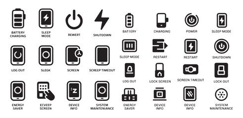 Set of black and white line icons representing device actions power and battery status