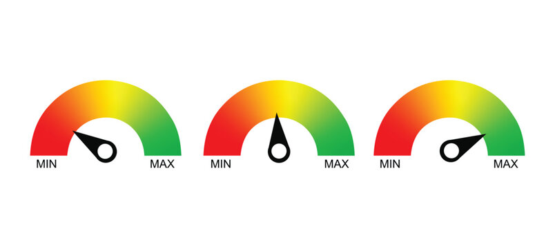 Risk meter icon set. Scale Low, Medium or High risk on speedometer. Risk concept on speedometer. Set of gauges from low to high. Minimum to Maximum. 