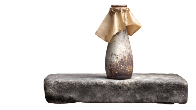 A traditional ceramic milk bottle with an old-fashioned paper cap, left on a stone step, isolated on a Transparent background - Powered by Adobe