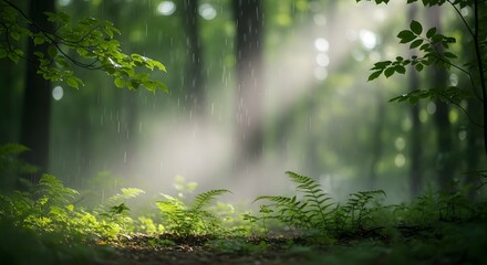Fototapeta premium Serene Forest Scene Sunlight Filtering Through Raindrops, Lush Greenery