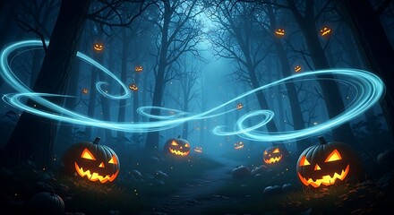 Mystical Halloween Night with Glowing Jack O Lanterns in a Spooky Forest.