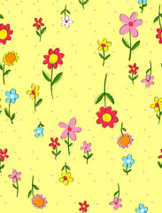 Cheerful floral pattern with vibrant hand-drawn flowers and delicate polka dots, perfect for spring textiles, children's apparel, and uplifting designs