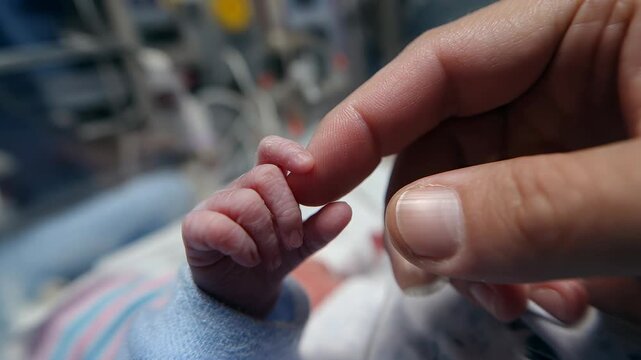 Closeup of Adult Hand Holding Baby Hand in Neonatal Intensive Care Unit with Soft Lighting