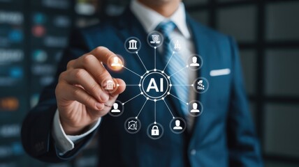 Business professional interacts with a central artificial intelligence network displaying various connected services.
