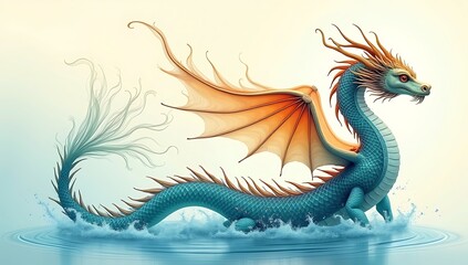 Obraz premium A graceful dragon formed from swirling koi-water patterns, flowing blue-orange waves, elegant motion trails, symbolizing balance and harmony.