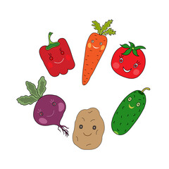 Cute smiling color vegetables in kawaii style vector poster