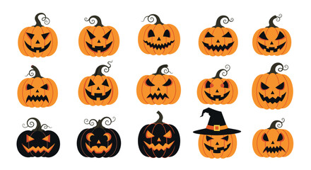 A diverse collection of carved Halloween pumpkins, featuring a variety of spooky, funny, and evil jack-o'-lantern faces in a pixel art style.