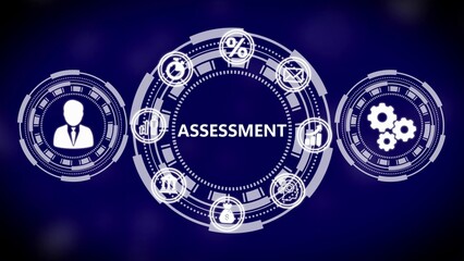Digital assessment concept with icons for performance analysis and evaluation on blue background metrics