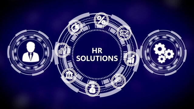 Futuristic HR solutions interface with icons and text on a dark blue background hr solutions human resources