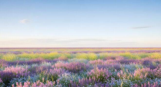 Lavender Field at Sunset A Palette of Purple and Gold Background - Powered by Adobe