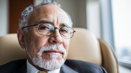 A distinguished man with glasses sits comfortably in a stylish chair, gazing thoughtfully out the window