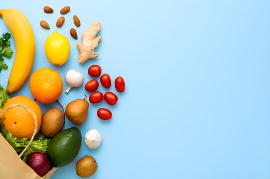 "Healthy Groceries Spilling from Paper Bag on Blue Background