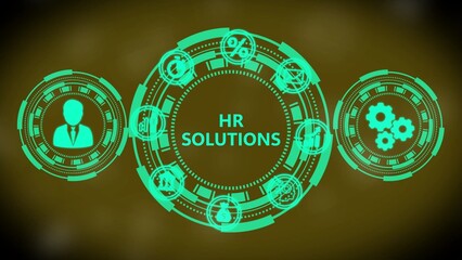 Teal HR Solutions digital interface with icons on a dark yellow textured background HR solutions human resources