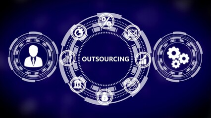 White digital interface with the word OUTSOURCING in the center surrounded by icons on a blue background